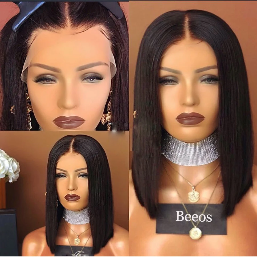 Beeos Волосы Бразильские Remy 13*6 прямые человеческие волосы боб короткие парики из человеческих волос 180% Плотность Детские волосы кружевные передние парики для женщин