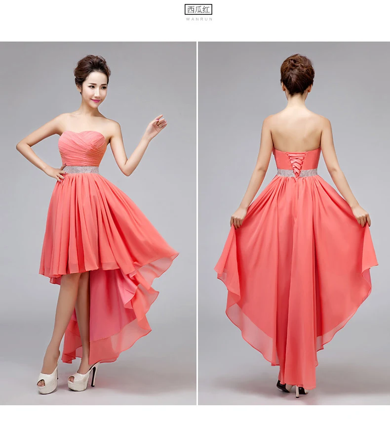 Ladybeauty Лучшая Кристальные пояса без рукавов плиссированные шифоновые короткие спереди длинные сзади бандажные вечерние платья - Цвет: watermelon red