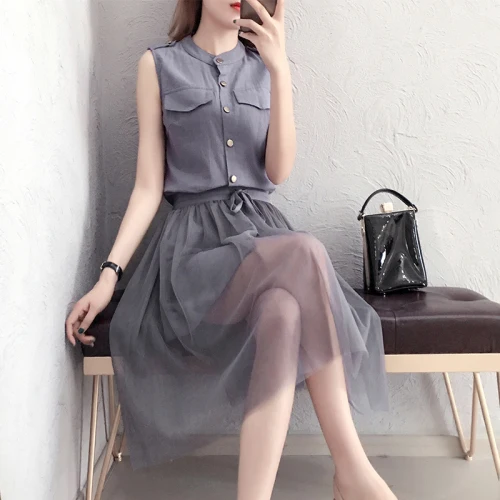 

Женский комплект из 2 предметов, элегантный повседневный однобортный пикантный сетчатый комплект из двух предметов без рукавов в Корейском...