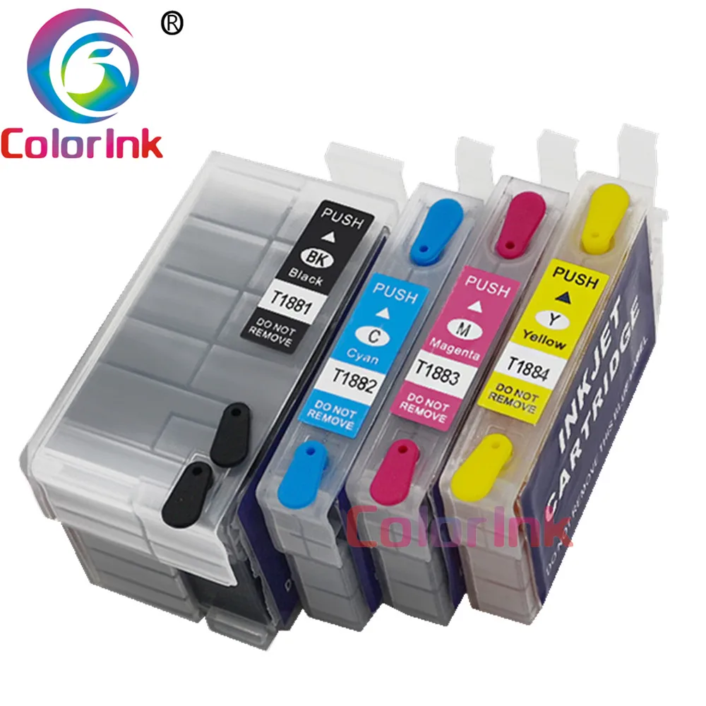 ColorInk 4 упаковки легко Заправляемый картридж T1881 T1882 T1883 T1884 для принтера Epson WorkForce WF
