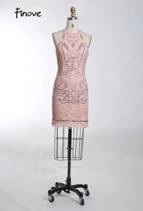 Finove Cocktail Dresses New Sexy Halter Backless Party Gowns Shining Sequined Knee Length Woman Dress vestido de festa - Цвет: pink