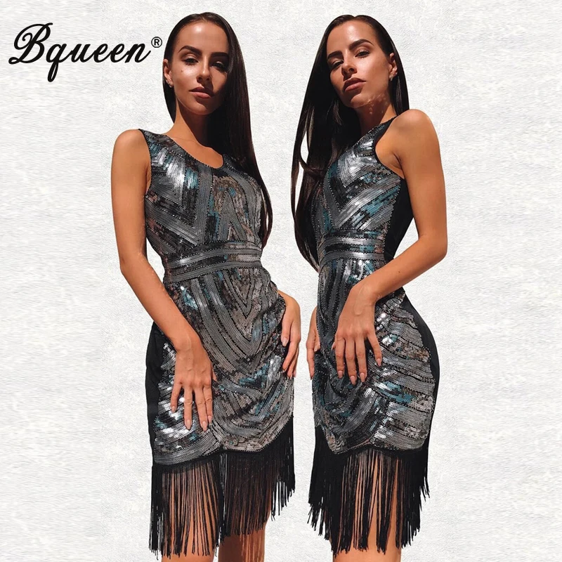 Женское облегающее платье Bqueen однотонное мини с блестками без рукавов круглым