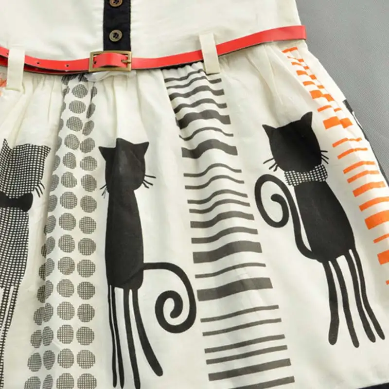 Baby Girls Kleding Cute Casual Sleeveless Color Cat Cartoon Print Dress Peter Pan Collar Kids Clothes | Детская одежда и обувь