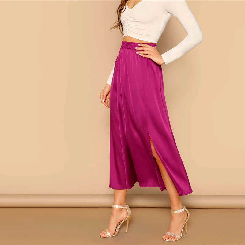 SHEIN Однотонная Атласная Юбка С Разрезом Весенняя Юбка С Эластичной Талией Женские Элегантные Юбки
