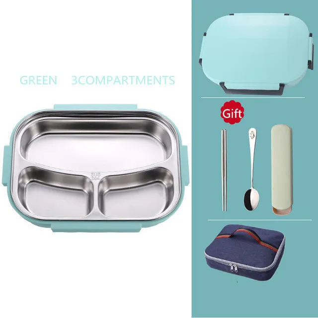 green A bag Ланч-бокс из нержавеющей стали Экологичный Bento box с мешками и столовыми приборами термоконтейнер для хранения пищи для взрослых студентов - Цвет: green A bag