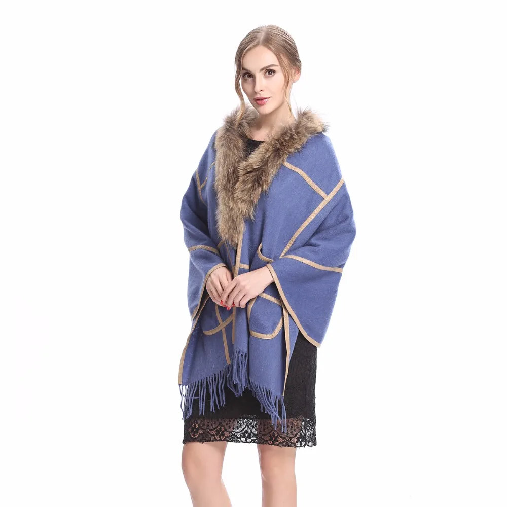 ZY87060 дизайн модные женские и женские воротник из меха енота шерсть кашемир с PU мехом пашимина шаль-пончо