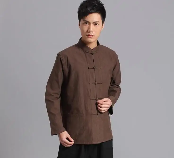 Китайский с длинным рукавом Хлопок Стиль Мужская Кунг-Повседневная рубашка