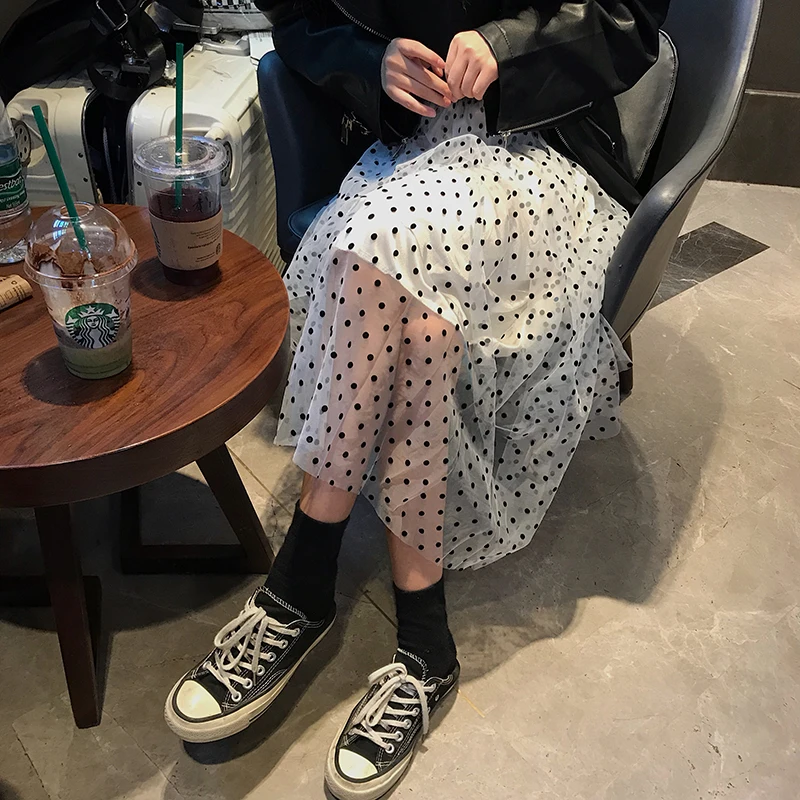 Весенняя женская Корейская версия dot свободная сетчатая юбка с высокой талией A