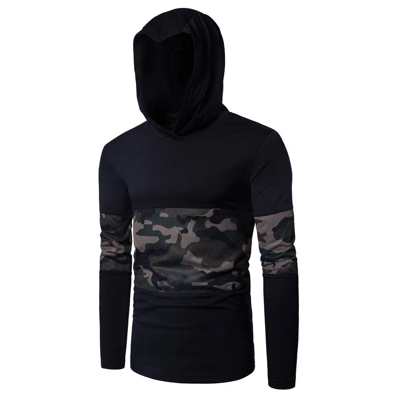 2019 fall and winter new men's camouflage cap long-sleeved T-shirts fashion splice men Sleeve collar casual Cotton | Мужская одежда
