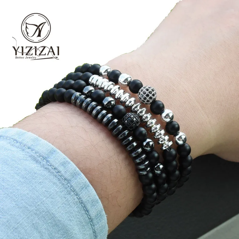 YIZIZAI DIY 1 набор 2 шт черный CZ шар мужской браслет из натурального камня бисер Шарм