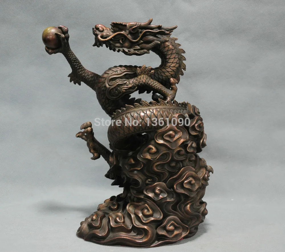 

xd 00317 12'' China Fengshui Zodiac Dragon Play Ball Pearl Bronze Statue
