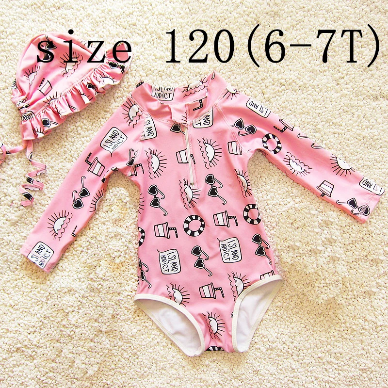 pink 120 Dollplus/Одежда для купания для девочек; летний купальный костюм с длинными рукавами и принтом для девочек; комплект из 2 предметов; пляжная одежда с рисунком для маленьких девочек; одежда для купания для маленьких девочек - Цвет: pink 120