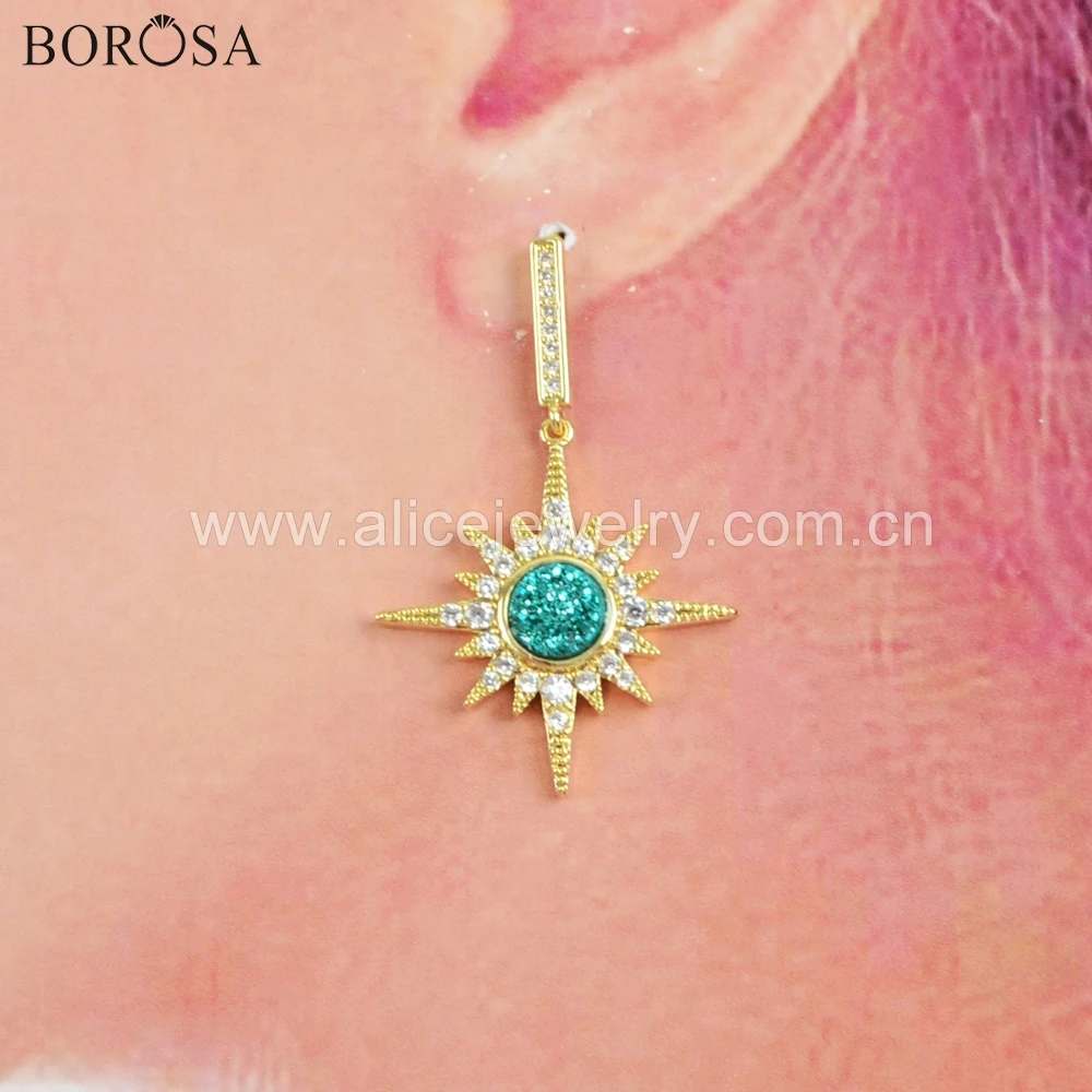 

BOROSA 5Pairs Fashion Star Gold Bezel Crystal CZ Micro Pave Round Rainbow Druzy Dangle Earring Jewelry Summer Style ZG0384
