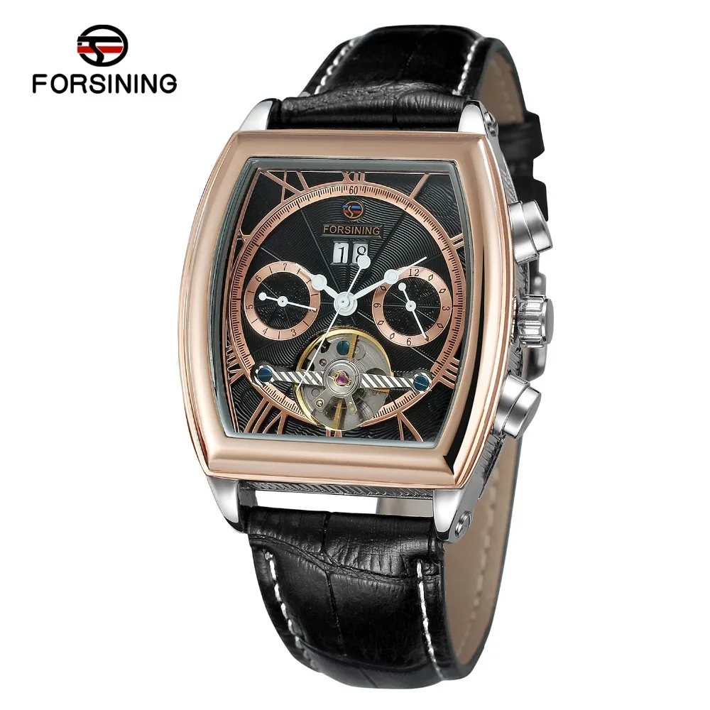 

FORSINING Mens Automatic Sef-wind Movement Branded Watch with Complete Calendar Tonneau Shape Leather Band Luxury Wristwatches