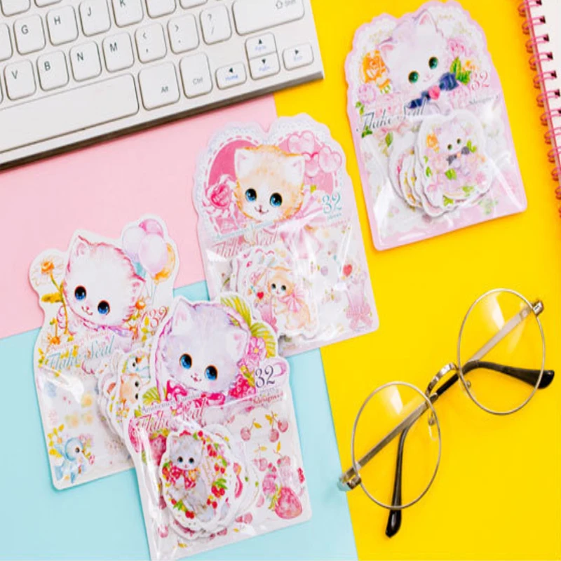 32 шт./упак. Kawaii Flower cat бронзового цвета стикер, этикетка Стикеры s Скрапбукинг самоклеящаяся Стикеры s для художественного оформления ногтей, ручная работа дневник Стикеры s