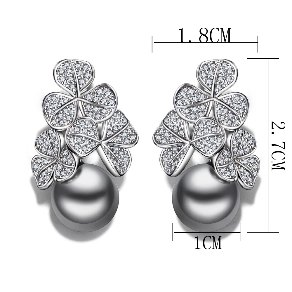 

New year gift Fashion flower drop earring statement jewelry pendientes aros with clear crystal and simulated gray pearl earings