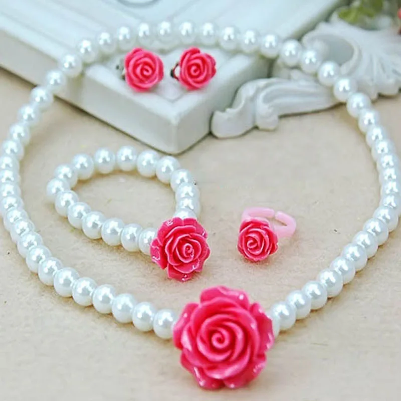 rose red Красивая имитация жемчуга ожерелье набор Роза из полимерной смолы ожерелье в форме цветка набор девочек подарок для детей - Окраска металла: rose red