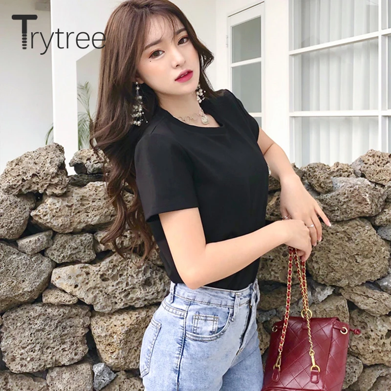 Trytree Летняя Повседневная Женская Однотонная футболка женский Топ хлопок