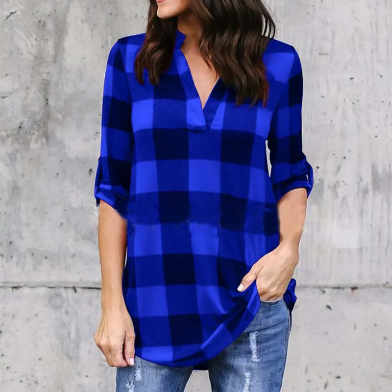 Women Fashion V Neck Long Sleeve Loose Blouse Casual Check Plus Size S 5XL Plaid Baggy Shirts Classic Pullovers |
