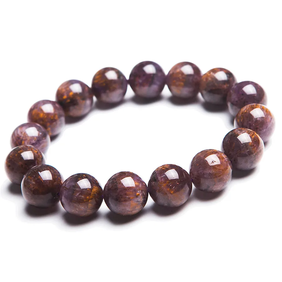 

13mm Natural Genuine Purple Golden Titanium Cacoxenite Round Beads Jewelry Stretch Charm Bracelet Free Shipping