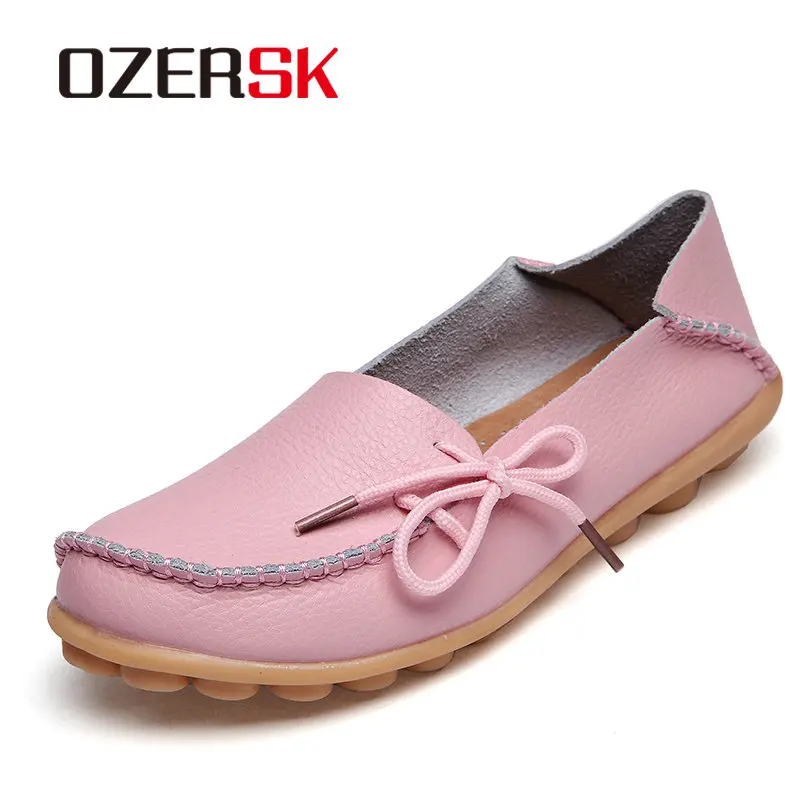 Pink OZERSK/брендовые летние новые популярные лоферы на плоской подошве; Повседневная дышащая обувь из мягкой натуральной кожи; женская обувь; большие размеры 34-44 - Цвет: Pink