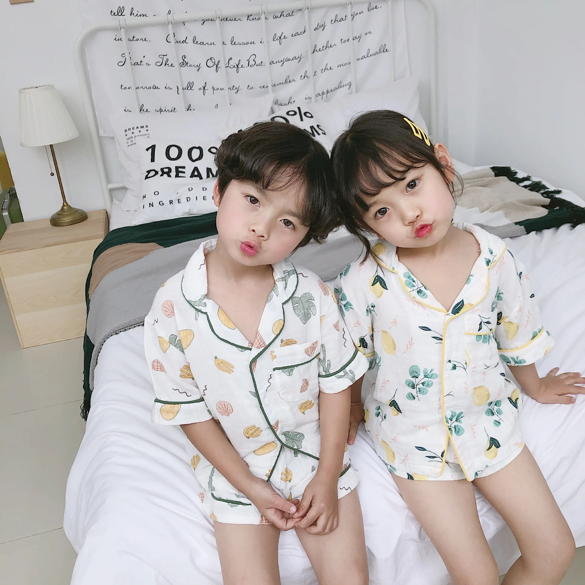 Summer 2019 boys girls pure cotton two layer cartoon printed leisure wear Korean style soft kids clothes sets bodysuits | Детская одежда