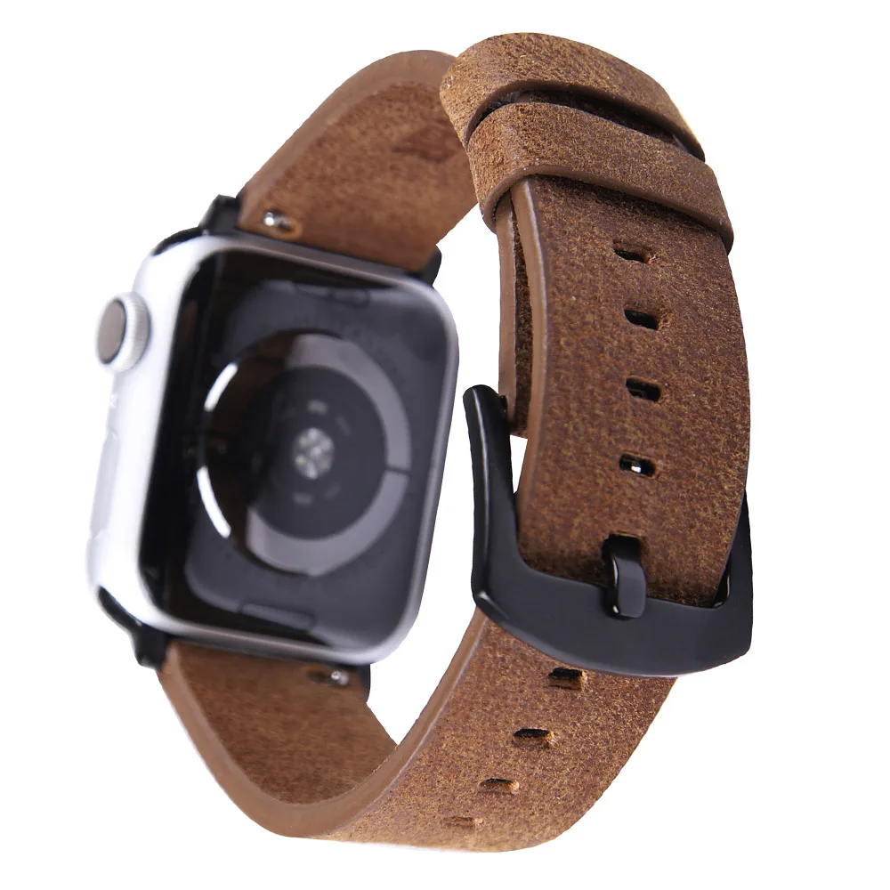 Brown Черный/коричневый кожаный ремешок для наручных часов Apple Watch Series 5 4 3 2 1 браслет 40/44 мм, 38 мм/42 мм, ремешок для наручных часов iWatch, браслет ремень - Цвет ремешка: Brown