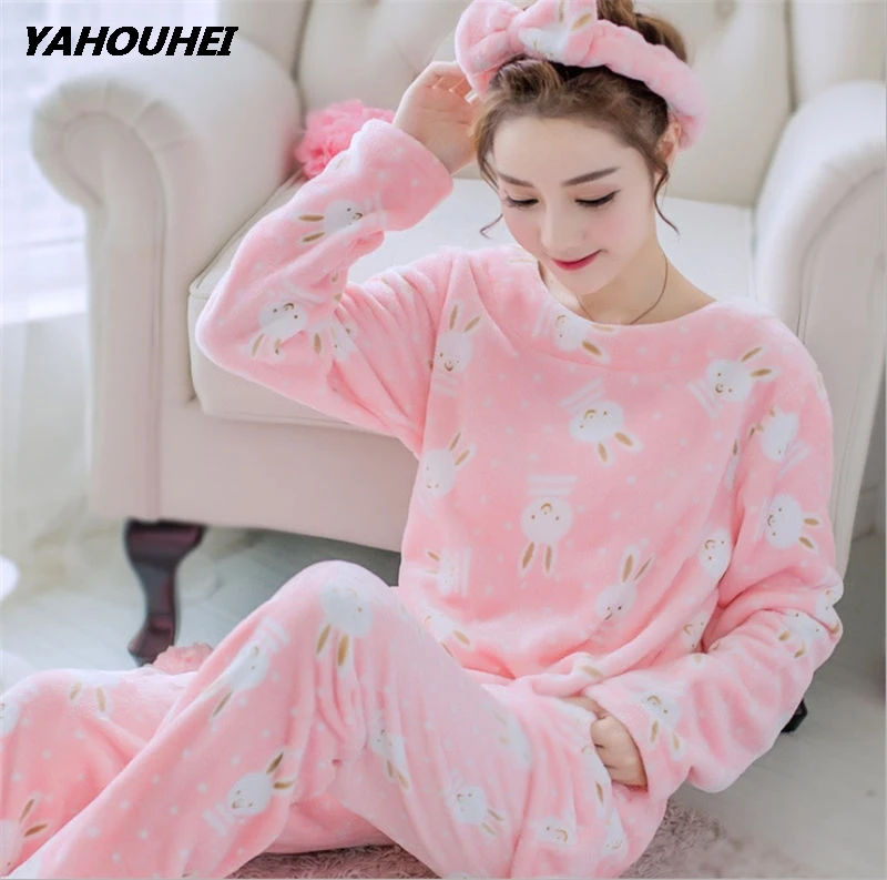 rong tuzi pink Повседневные фланелевые женские пижамные комплекты осень-зима, Мультяшные теплые пижамные комплекты, домашняя одежда, Топы+ штаны, одежда для сна, женская пижама - Цвет: rong tuzi pink