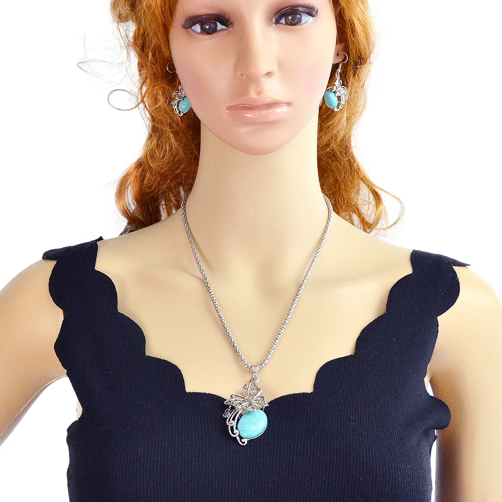 Joywish Vintage Style Ethnic Jewelry set Antique Silver Color with Blue Stone Butterfly Pendant Necklace and Drop Earrings|ethnic jewelry set|jewelry