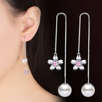 30 silver plated fashion cherry blossoms flower pearl crystal ladies long tassels stud earrings jewelry cheap