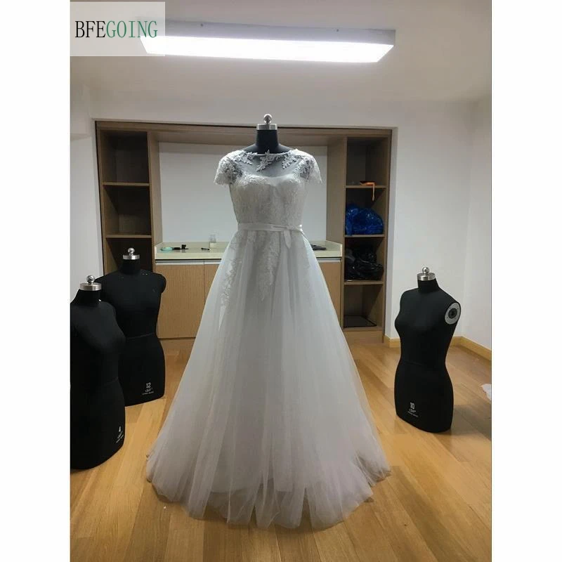 Белое Кружевное сатиновое свадебное платье трапециевидной формы в пол с