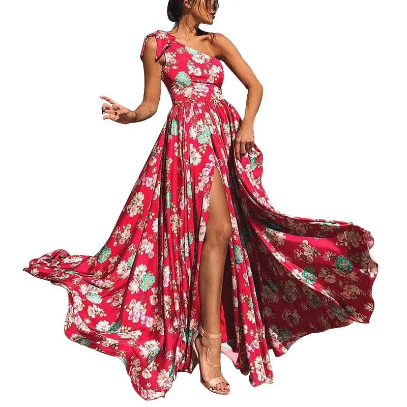 Женское платье с бантом на одно плечо длинное вечернее высоким разрезом и