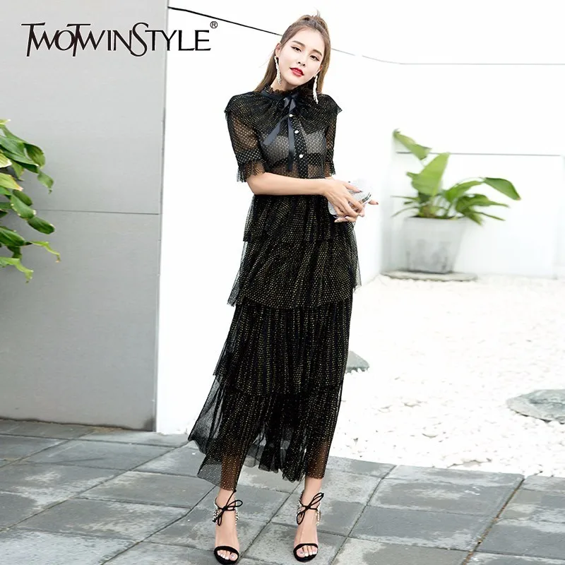 TWOTWINSTYLE летние Многослойные сетчатые платья для женщин с коротким рукавом и