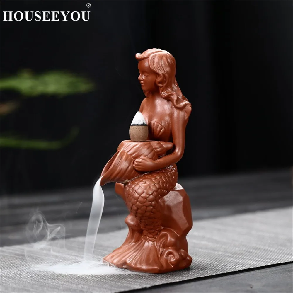 HOUSEEYOU креативная Русалка водопад горелка для благовоний с обратным потоком ладан конус держатель+ 10 шт. конусов ароматерапия печи Ароматические дзен