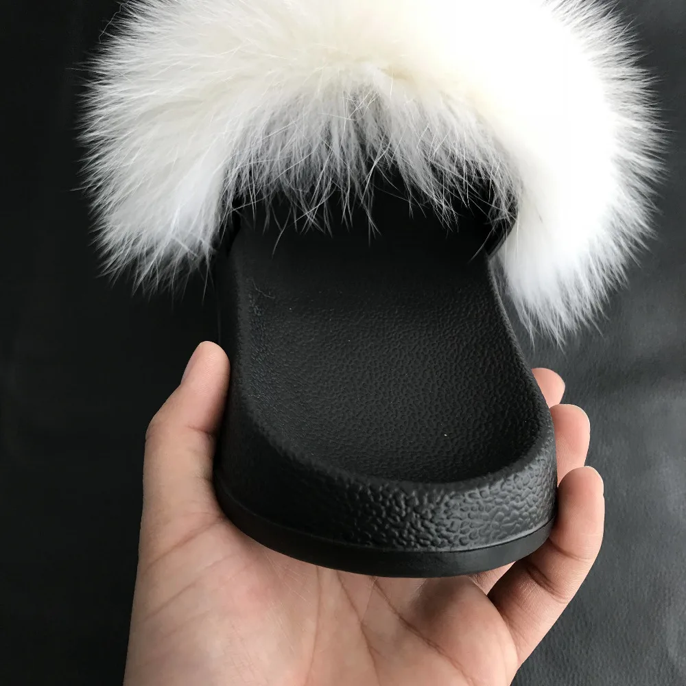 Шлепанцы с искусственным мехом однотонные сандалии натуральным лисьим удобная