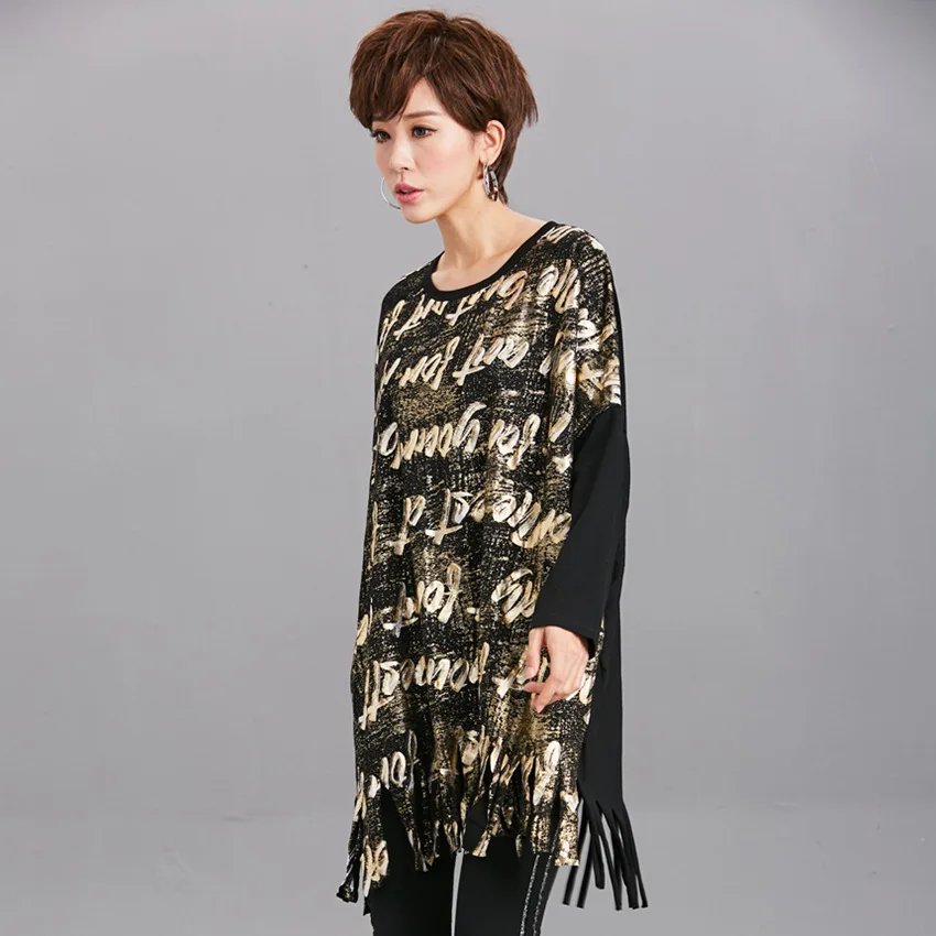 Tide brand women's spring and autumn new printing letters 200 fat MM large size tassel ladies sweater long-sleeved T-shirt | Женская