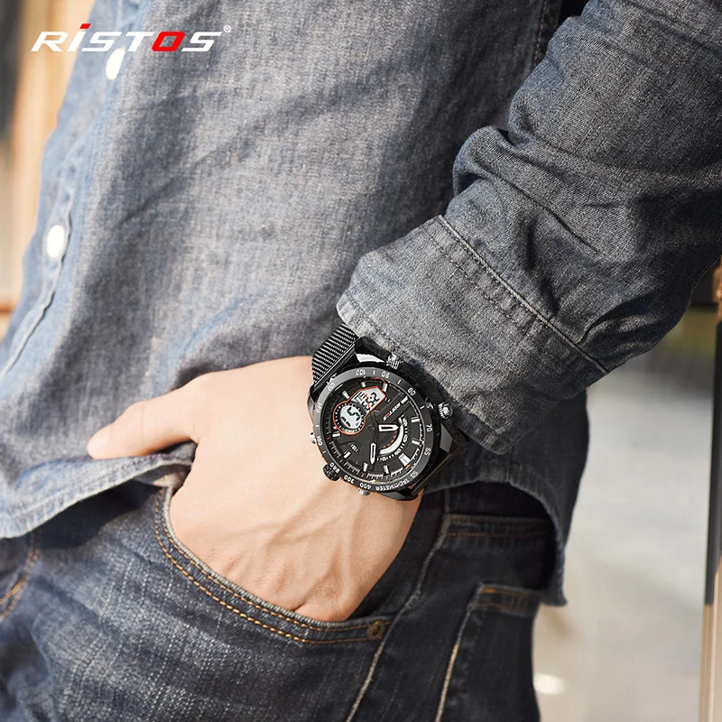 RISTOS модные часы Relojes Masculino Hombre многофункциональные стальные сетчатые мужские