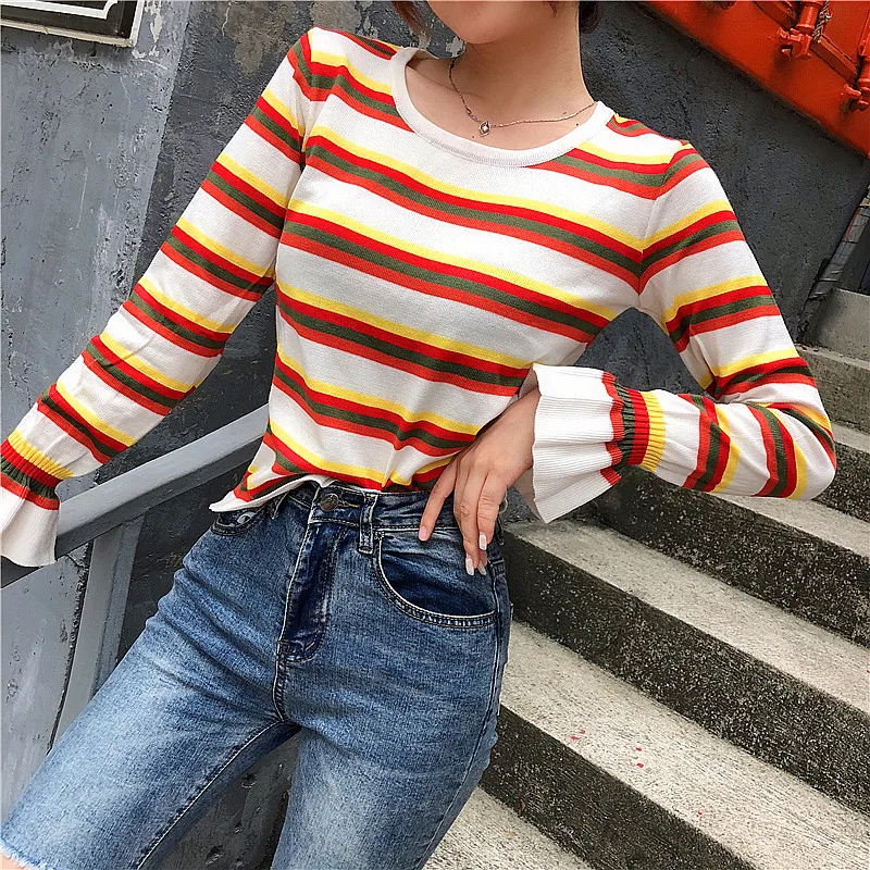 Autumn Outfit New Fashion Pullovers Contrast Color Rainbow Striped Multicolored Knit Sweater Women Flare Sleeve Pull Femme | Женская