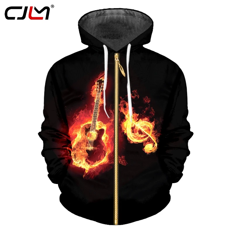 

CJLM Man Fashion Large Size Zip Hoodies 3D Red Leisure Zipper Coat Full Printed Flame Cello Musical Note Men's Clothing