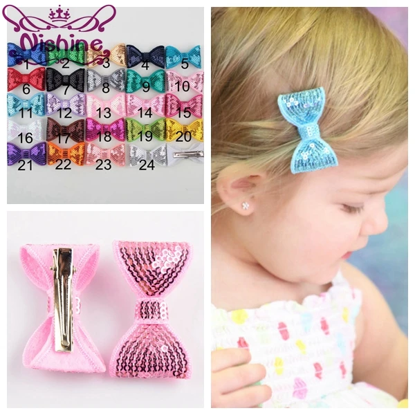 

Nishine 20pcs/lot Girls 2" Embroidery Sequin Bows With Clips Knot Applique Sequin Bows Hairpins Boutique Child Hair Accessories