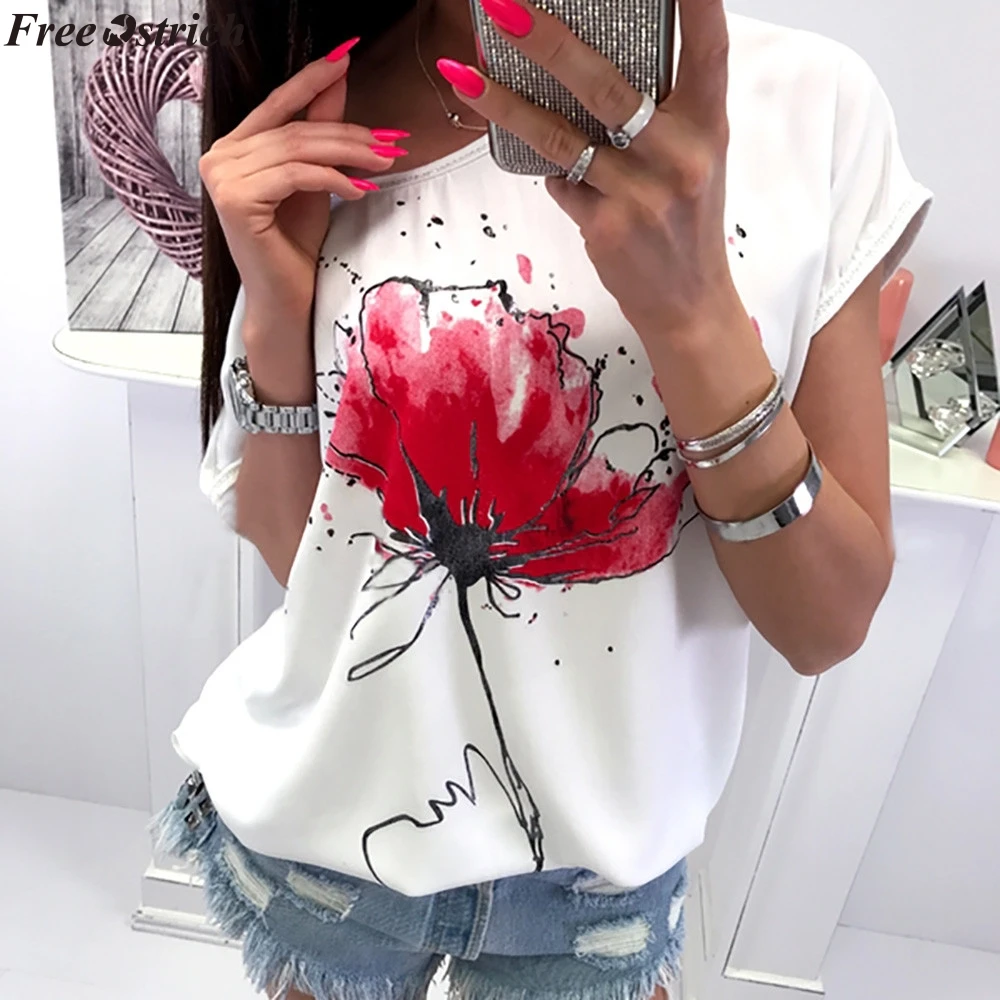 FREE OSTRICH Women's Chiffon Flower Print O-neck Short Sleeve T-Shirt Ladies Casual Basic Slim T-shirt tops Summer plus size | Женская