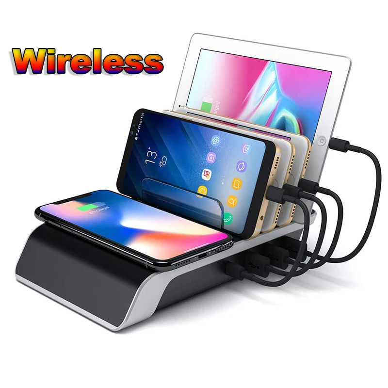 USB Charging Station 5-in-1 Multiple Charger Dock Organizer Stand with QI Wireless Pad for Phones/Tablets/Cameras | Мобильные