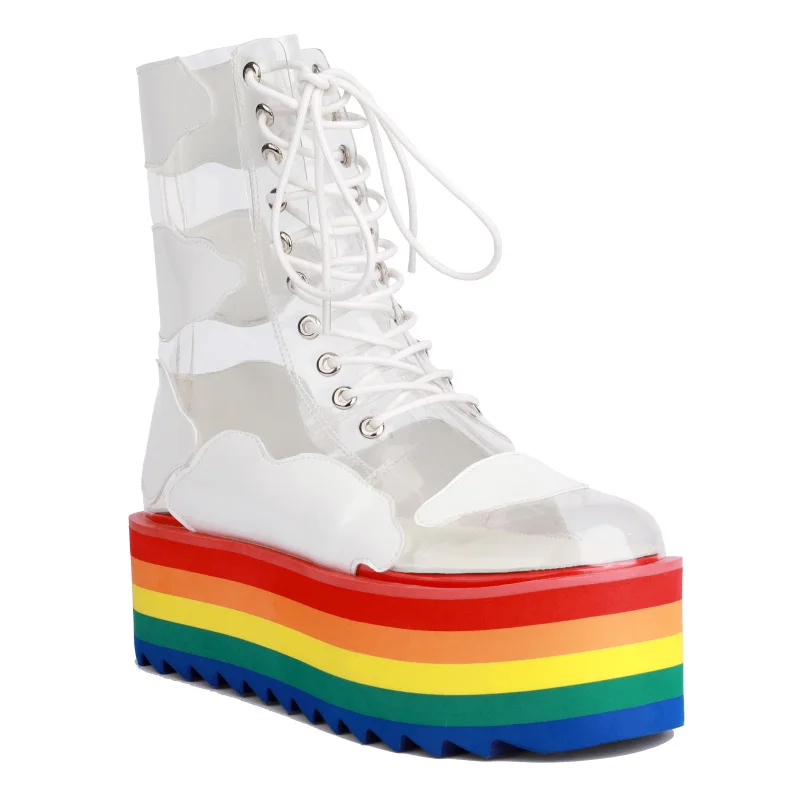 Новинка Прозрачные ботинки из ПВХ и кожи на радужной подошве в европейском