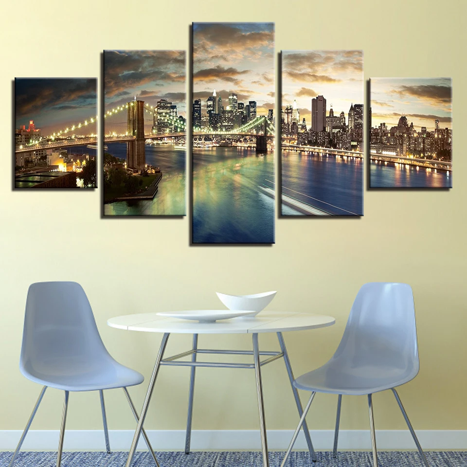 Холст Картины Гостиная Wall Art 5 шт. Бруклинский мост город ночной вид фотографии