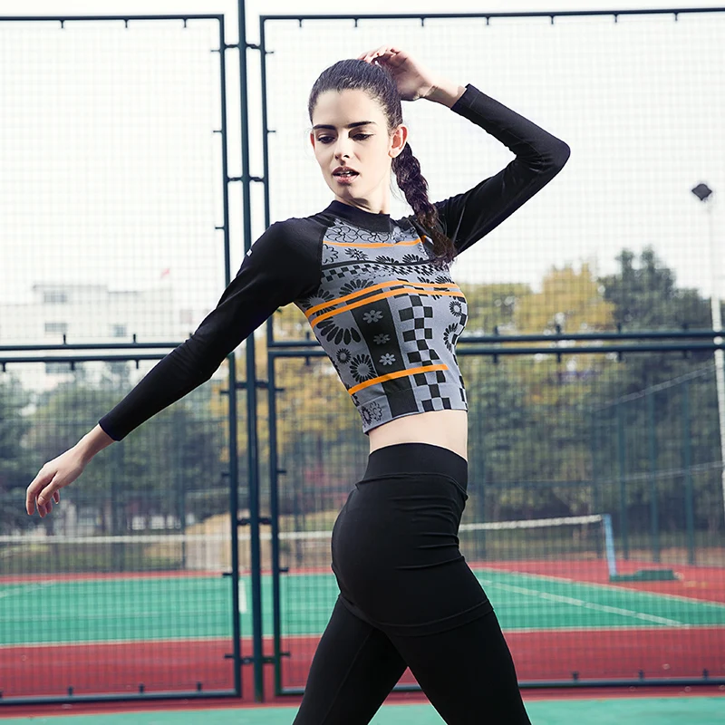 Стенд воротник с Flore Для женщин Йога рубашка длинными рукавами пикантные Фитнес