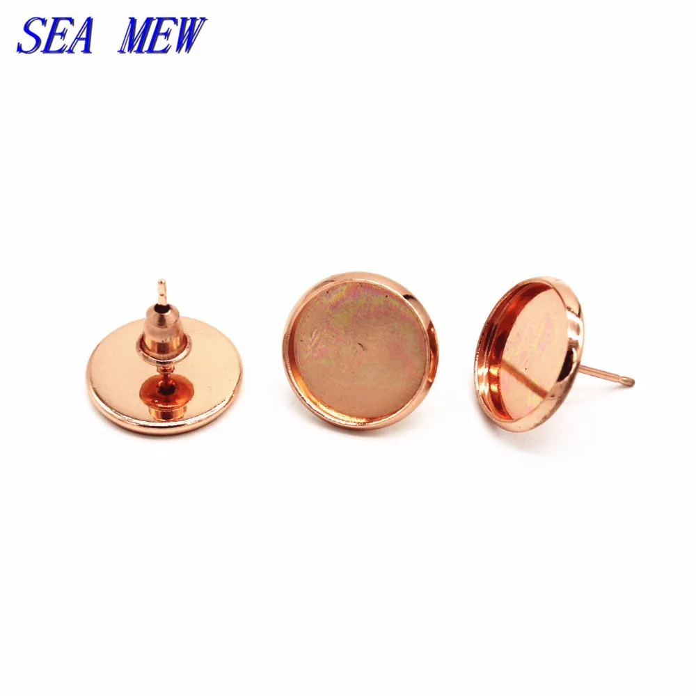 

50 Sets 8/10/12/14/16mm Round Cabochon Earring Base Steel Copper Rose Gold Stud Earring Blank Settings For Jewelry Making