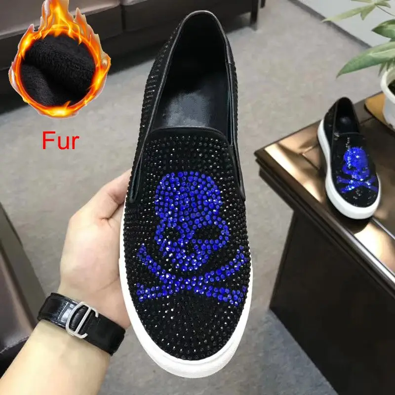 Fur No spike Blue Элитный бренд череп Для мужчин Лоферы черного цвета со стразами Стразы шипы Для мужчин обувь с заклепками; повседневные туфли на плоской подошве; кроссовки; ; Прямая поставка; - Цвет: Fur No spike Blue