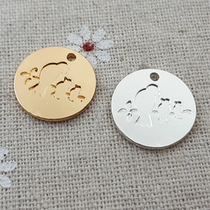 

RONGQING 20pcs/lot 17MM round Carved birds Family gold silver charms for jewelry making DIY pendant Accessory handmade