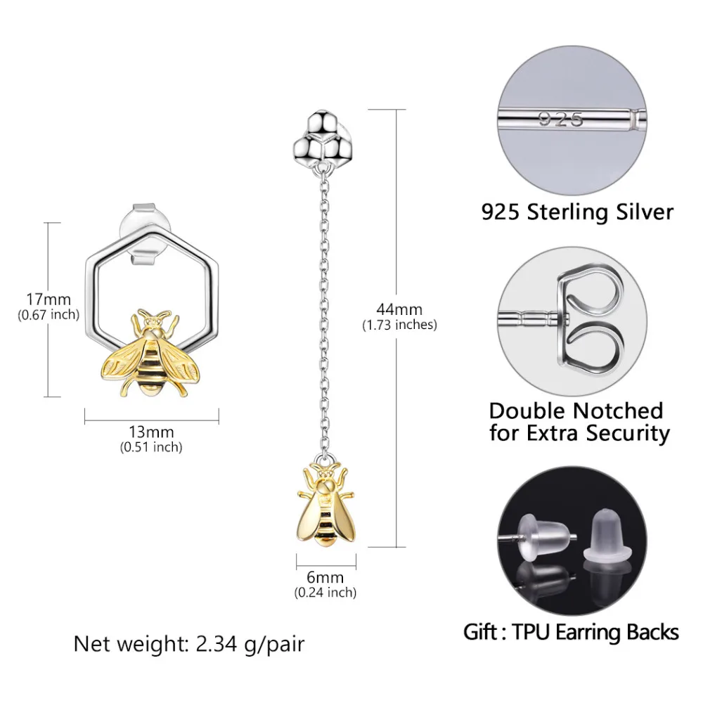 

Kpop Bee Drop Earrings Insect Jewelry 925 Sterling Silver Gold/Silver Color Asymmetric Hexagon Honey Bee Ear Studs Women E6248