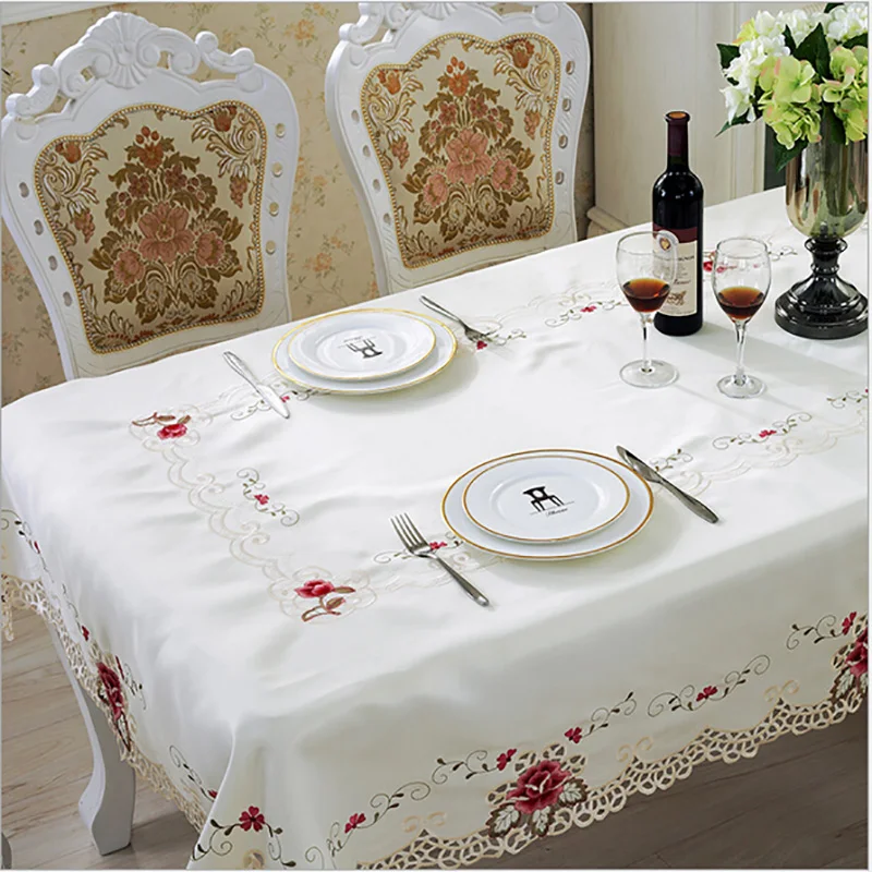 

Europe Style Wedding Tablecloth Embroidered Floral Lace Edge Dustproof Covers for Table Home Party Table Cloths 17